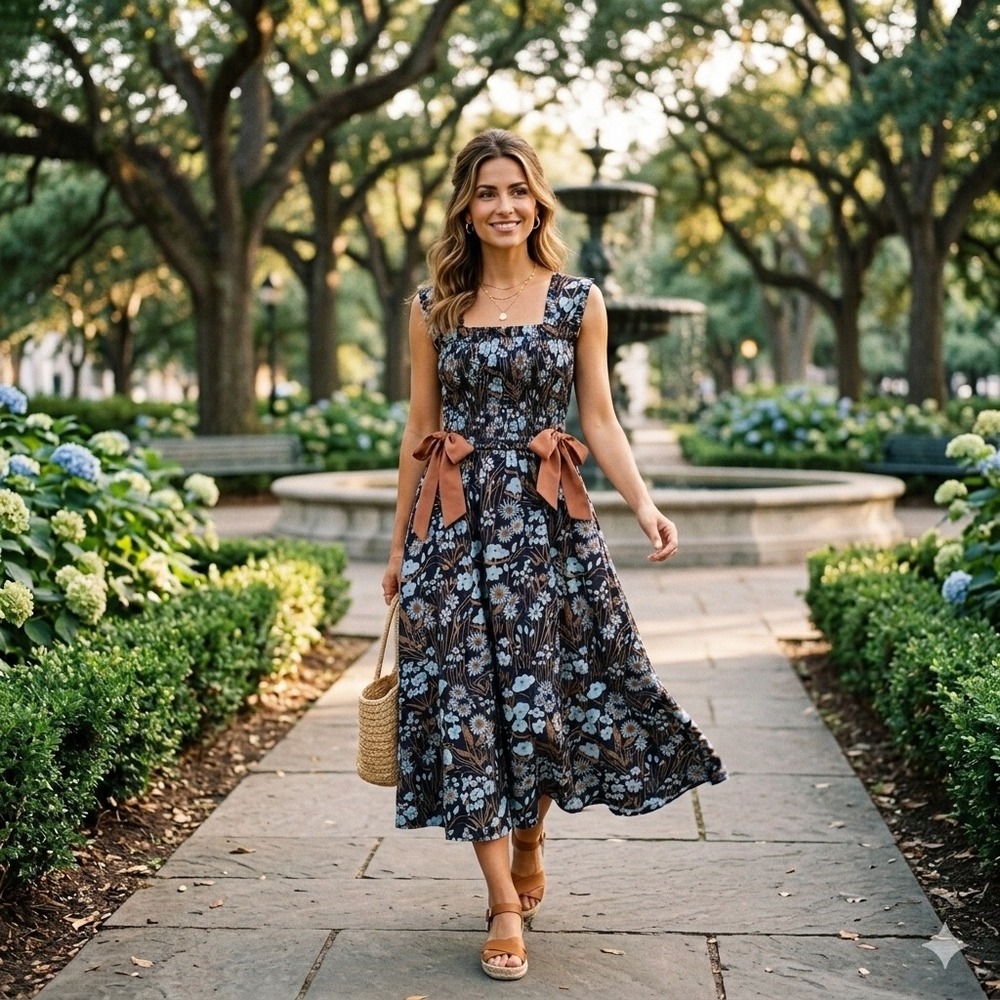 Ultramarine Floral Smocked Square Neck Maxi Dress Blue Brown Large Romance